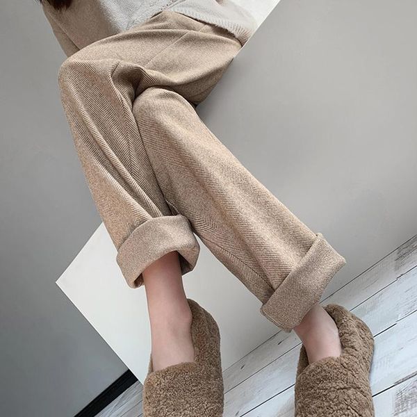 

patterned wool pants women autumn and winter korean high-waisted straight broad-legged pants plus thick drag long pants., Black;white