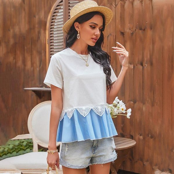 

women's blouses & shirts spring lace patchwork sweet women 2021 short sleeve ruffles ladies loose summer o neck pullover, White