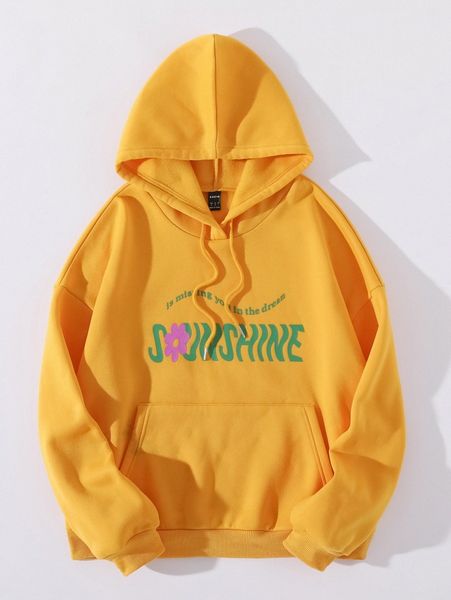 

drawstring detail floral & slogan graphic hoodie p1ns#, White;black