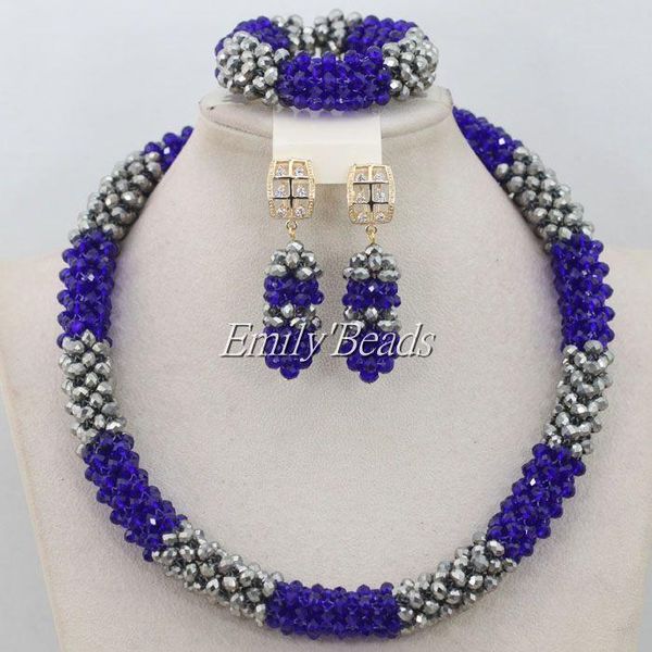 

earrings & necklace beautiful african wedding nigerian crystal beads jewelry set royal blue/gray bridal amj995, Silver