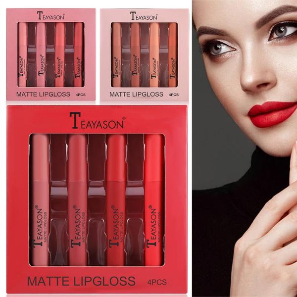 

lip gloss 4 colors/set velvet liquid lipstick set waterproof non-stick makeup gift for girls women essential goods