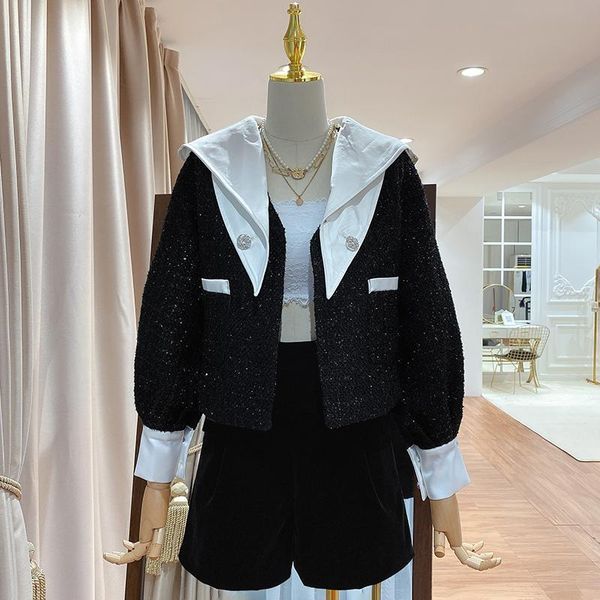 

2021 new temperament coat women's sequined tweed coat women 0916, Black;brown