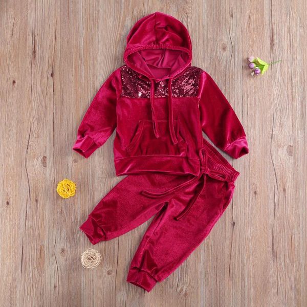 

clothing sets toddler baby girl clothes velvet suit sequin stitching decoration ribbed closing hooded sweater trousers 2pcs outfits, White