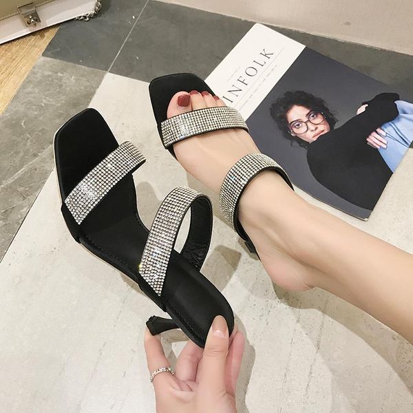 

slippers high-heeled women's shoes 2021 summer all-match mid-heel square head rhinestone sandals and fashion wear thin heel, Black
