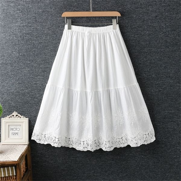 

hollow out patchwork cotton embroidery elastic waist a-line skirt mori girl spring 210311, Black