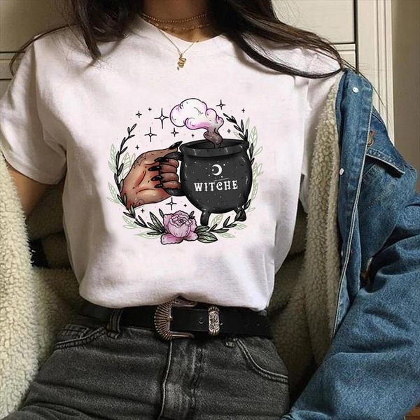 

men print clothes graphic cartoon t shirt witch coffee fashion fall autumn halloween lady tees female mens, White;black