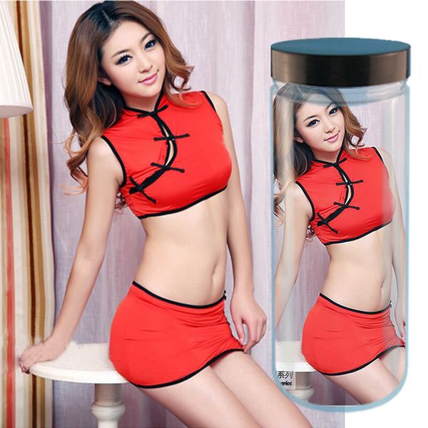 

vending machine packing box fun uniform cos stage performance kung fu girl split cheongsam fs026, Black;white