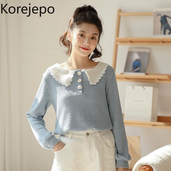 

women's sweaters korejepo women shirt 2021 autumn winter korean version sweet temperament lace stitching doll collar three button knitt, White;black