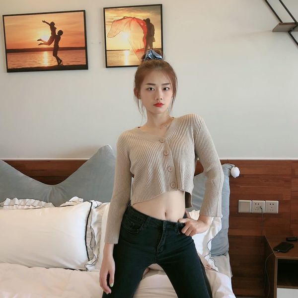 

women's sweaters female fall cropped long sleeve, stretchable, with a v-collar, full button, short, jacket xdix, White;black
