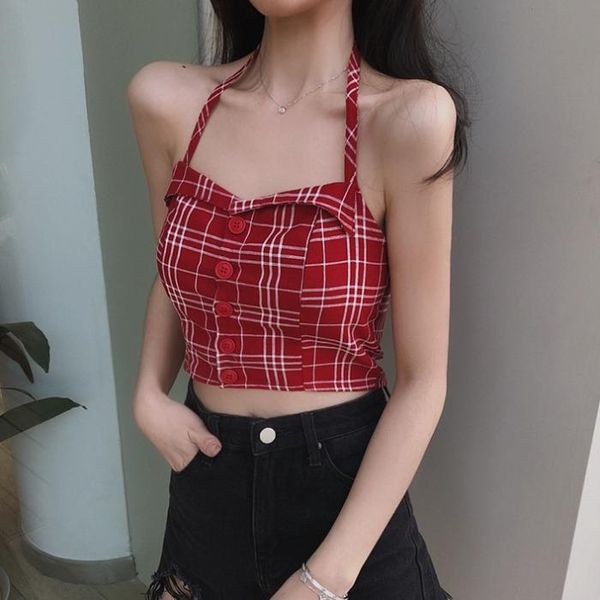 

red check single breasted halter waistcoat with neck style for women's new style in spring 2021, Black;white