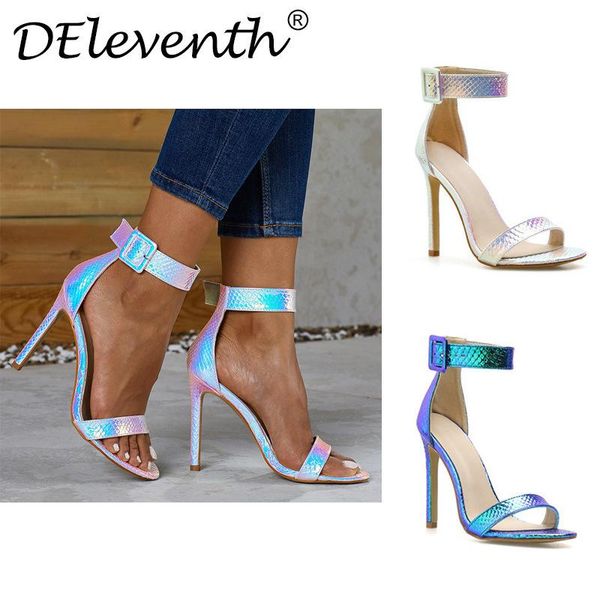 

sandals women plus size shoes for thin high heels round toe patent leather 11.5cm buckle strap 35-42, Black