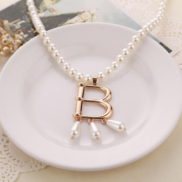

pendant necklaces fashion film accessories- pearl letter necklace-for women gold vintage sweater charm chain, christmas party gifts, Silver