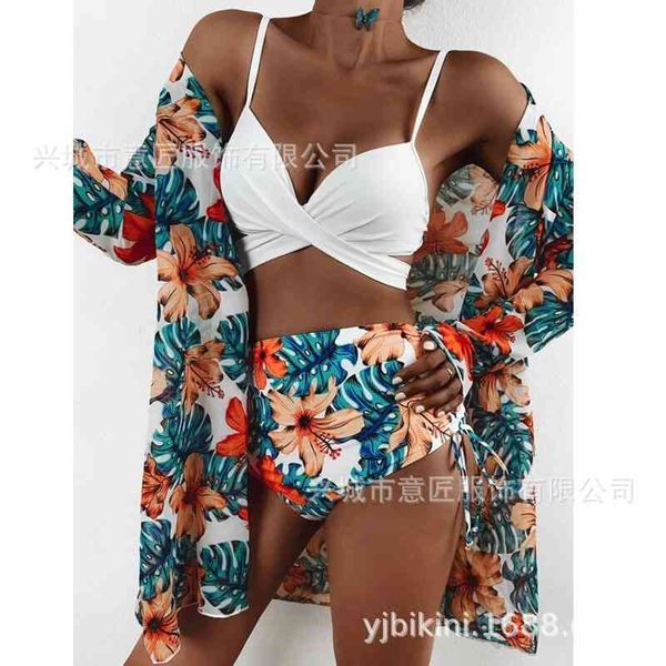 

2021 new three piece bikini mesh split swimsuit female bikini, White;black