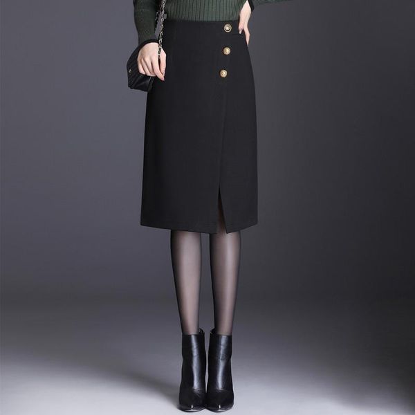 

autumn & winter new high waist slimming simple black woolen skirt casual all-match women a-line bag hip skirt tide ing