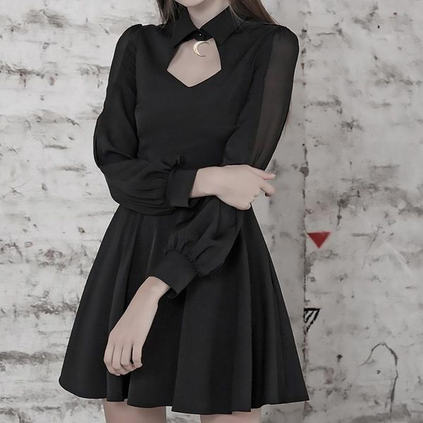 

casual dresses hollow out gothic loliat court style women party frock long sleeve elegant pleated dress with crescent punk streetwear, Black;gray