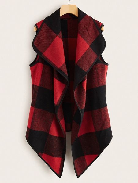 

waterfall asymmetrical hem buffalo plaid vest coat m6wy#, Black