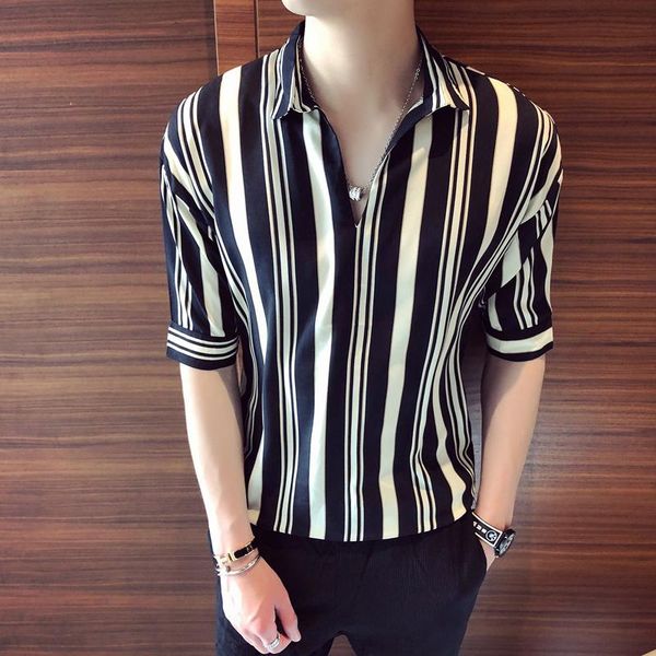 

2021 summer mens casual short sleeved striped shirt men's fashion slim fit youth shirts men handsome shirt men pullover, White;black