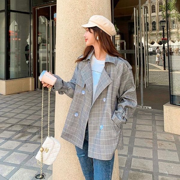 

2021 spring elegant series women blazer coat double breasted lapel gray plaid short jacket office femme korean clothing vadim, White;black