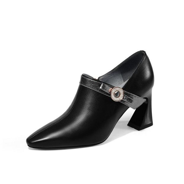 

dress shoes spring autumn genuine leather high heels woman arrival women basic pumps round toe brand design shallow, Black