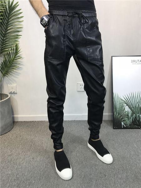 

2021 new streetwear hip hop men ny faux leather pants plus size biker harem trousers joggers black 55wq