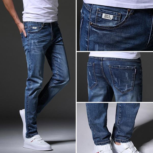 

men's jeans fashion men's light color stretch casual straight slim fit multicolor skinny men cotton denim trousers, Blue