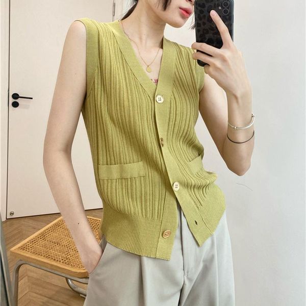 

women's vests [ewq] korea chic women cotton solid single-breasted waistcoat retro basic thin soft knitted vest office lady autumn 2021, Black;white