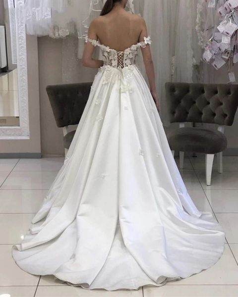 

satin new 2021 princess wedding es for bride off shoulder lace up back sweep train 3d flower bridal gowns vestidos de mairee wdfn, White