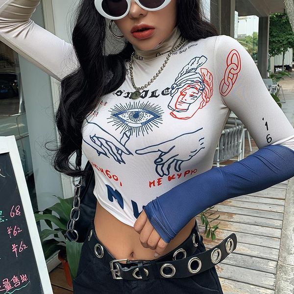 

women's t-shirt vintage abstract print stitching long sleeve, White