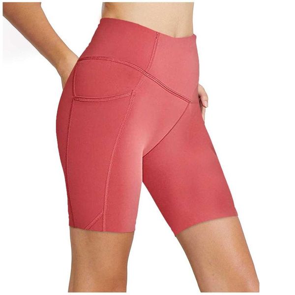 

yoga outfits 2021 high waist fitness leggings women shorts with side pockets running gym workout biker push up, White;red