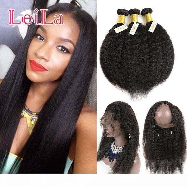 

malaysian 360 lace frontal with bundles natural hairline kinky straight pre plucked lace frontal human hair virgin hair coarse yaki, Black;brown