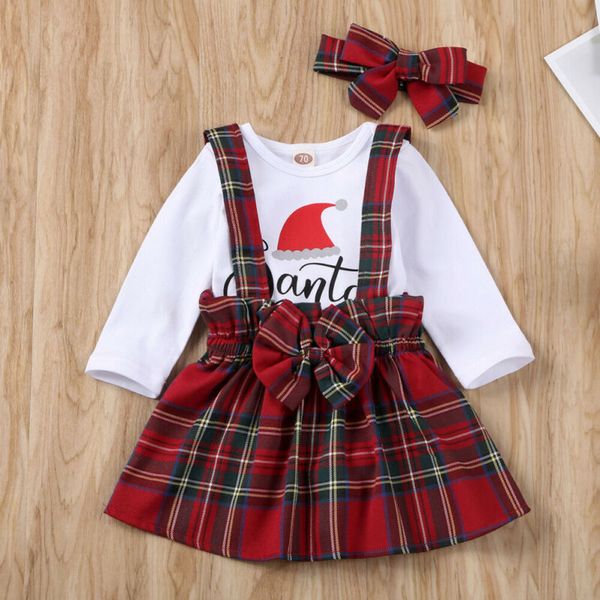 

my first christmas clothes set newborn baby girl letter print t shirt romper plaids bib dress headband 3pcs xmas outfits, White