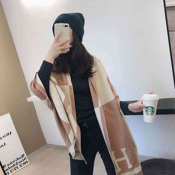 

70% off design scarf 2021 winter new korean plaid jacquard double-sided h letter imitation cashmere women's warm thick shawl, Blue;gray