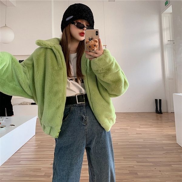 

lucyever green short faux fur coats women stand collar winter thicken warm furry jackets woman korean casual plush coat 210222, Black