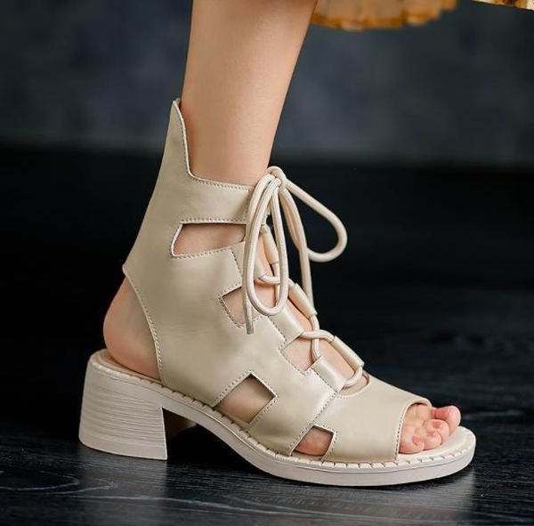 

sandals leather thick-heeled women's open-toe spring and summer thick-soled roman lace-up hollow high-cool short, Black