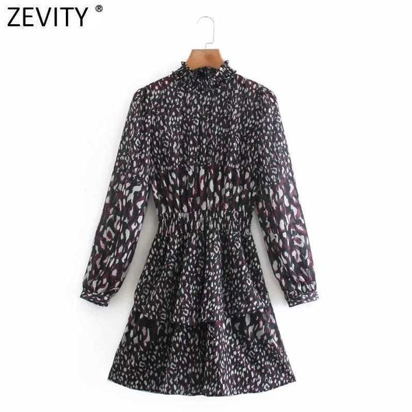 

zevity women vintage leopard print elastic chiffon mini dress female double layer ruffles casual slim a line vestido ds4837 210603, Black;gray