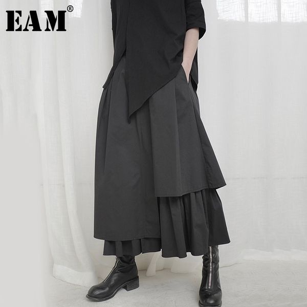 [EAM] Hohe Elastische Taille Schwarz Asymmetrische Falten Temperament Halbkörper Rock Frauen Mode Flut Neue Frühling Herbst 2021 1S664 210309