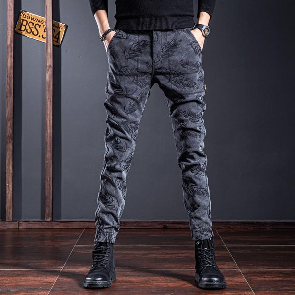 

pants casual winter new men fashion feather pattern korean streetwear slim fit stretch long trousers, Black