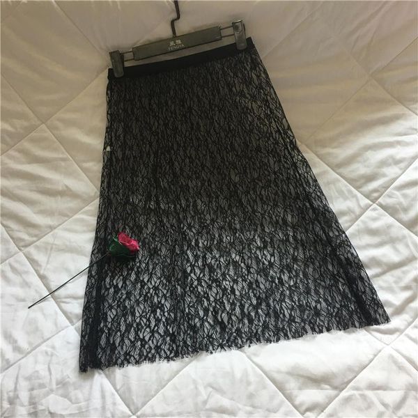 

skirts tulle skirt spirng summer women lace mesh casual elegant high waist one layer transparent a-line female, Black