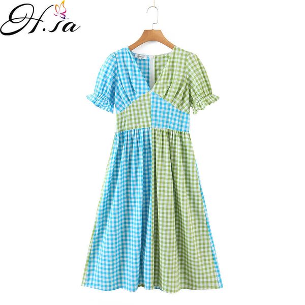 

hsa european and american summer wind women's color matching plaid short sleeve dress 6917 women dresses summer 210716, Black;gray