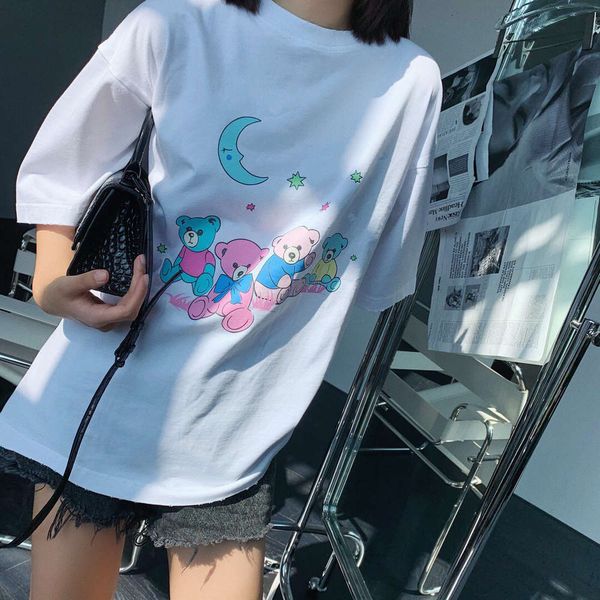

spring 2021 family b bear starry sky new short sleeve lovers' fashion brand loose cartoon t-shirt for women in paris, White