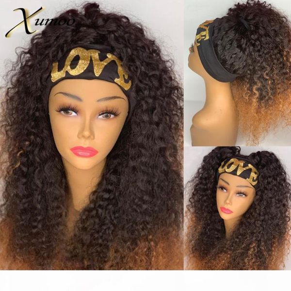 

xumoo remy human hair headband wig ombre brown kinky curly none lace human hair wigs headband wigs for black women, Black;brown