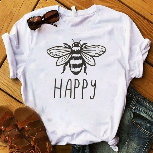 

bee happy cartoon short sleeve womens loose tee clothes graphic, White