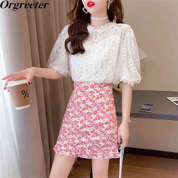 

summer sweet short puff sleeve white lace shirt and floral printted mini skirt two-piece sets female ladies outfits 210602