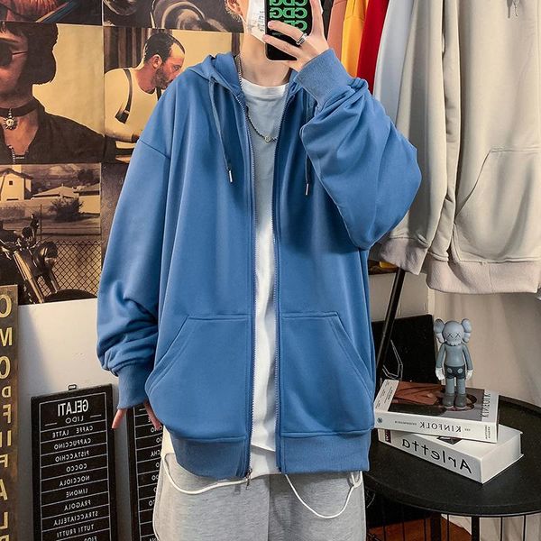 

men's hoodies & sweatshirts student couple solid color hooded sweater men's casual cardigan jacket trend loose plus size top, Black