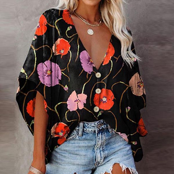 

women's blouses & shirts 2021 summer women blouse v-neck button floral print loose harajuku ladies fashion bat sleeve casual blusa, White