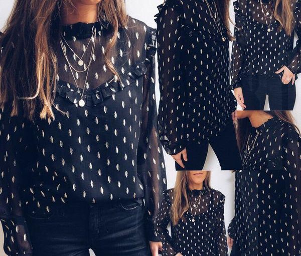 

women chiffon solid color dot long sleeve blouse casual loose shirt, White