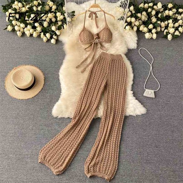 

summer beach lace outfits women v neck bikini bandage blouse and hollow knit wide-leg pants two piece sets woman clothing 210525, White