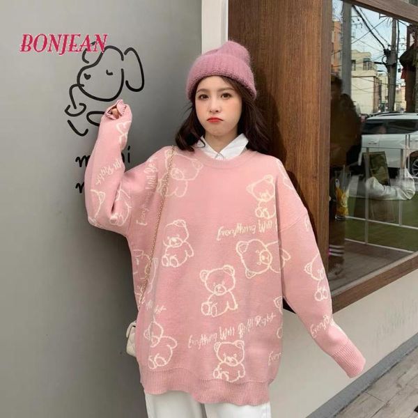 

women's sweaters loose knitted sweater women jumpers long sleeve pullovers casual 2021 autumn winter cartoon kawaii plus size, White;black