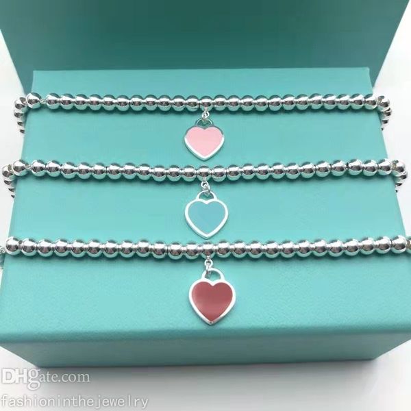 

luxury love bracelet designer jewelry beaded strands fashion party gift for girlfriend valentines day red pink blue heart bracelets sterling, Black