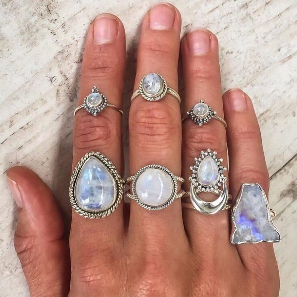 

cluster rings wholesale silver color big moonstone for women,large antique punk jewelry natural marquise ring charm engagement, Golden;silver